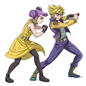 Jolyne Cujoh and Giorno Giovanna from JoJo's Bizarre Adventure. They are in a fierce battle stance.