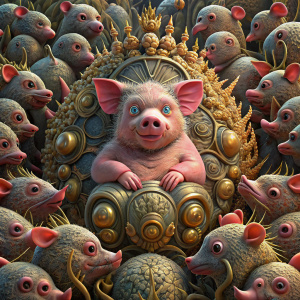 Above the throne, on the wall, the inscription "BN-MOTORS". Under the inscription, on a throne, sits a small, pink, fat pig with a crown on his head, and around him are crowded people rats and people worms and people reptiles.