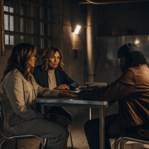 Mariska Hargitay, Sarah Bochner, and Tracy Marrow (Ice-T) in a tense interrogation room scene from 'Law & Order: SVU'.