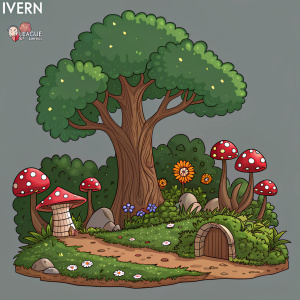 Cartoony illustration of a whimsical forest with Ivern-inspired flora. Muted grey background, detailed textures, various shades of green, brown, and red. League of Legends logo at top.