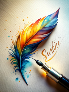 Fountain pen with feather writing calligraphy Text "Sunshine"