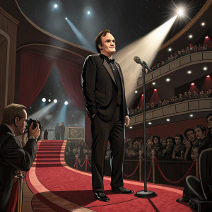 Quentin Tarantino, dressed in a black suit, center stage at the Dolby Theatre for an award ceremony.