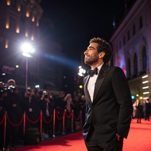 Elyas M. Barek, actor, at the Romy Awards ceremony in Vienna, wearing a tuxedo. Spotlight on the red carpet.