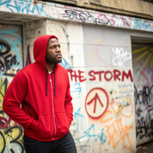 Brandon Williams, wearing a red hoodie, standing in front of a graffiti wall with the hashtag #INTOTHESTORM