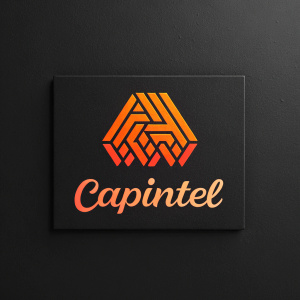 CapIntel's sleek logo, featuring abstract geometric shapes and vibrant orange hues. The name 'CapIntel' in a stylish font. The backdrop is a solid black, giving it a modern edge.