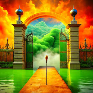 education, many wizard illusions, a lot of broomstiks, iron gate with great green dragon opening gate to  bewitches in the universe with crown, huge microphone, a lot of clouds, river, 