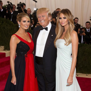 Trump family gathering at the Met Gala. Donald Trump, Melania Knauss, and Ivanka Trump, all in formal attire, posing for photographers. A sea of celebrities and guests in the background.