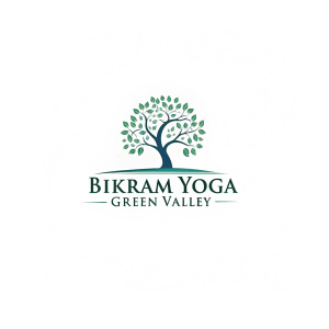Bikram Yoga Green Valley logo showcases a sleek, minimalist tree icon with the brand name beneath, using soft, contemporary colors.