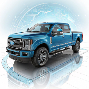High-tech 3D rendering of a Ford F-250 pickup truck in vivid blue color. Futuristic design and sleek finish.