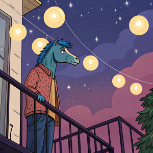 A vibrant digital illustration featuring BoJack Horseman. Standing under a starry sky, surrounded by glowing orbs hanging from a balcony railing.