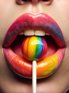 lips and round multicolored lollipop, ultra-realistic, realistic, 8k detail,