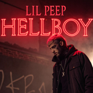Lil Peep's 'Hellboy' album cover, dark and moody atmosphere, with vibrant red hues and bold, unconventional typography.
