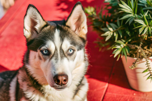 A strong black and white husky face. Blue eyes. 3/4 view photo shot. Close up. Macro photo Style. High detail. Ultra sharp. Ultra focus. Red plain background. Photo direction. Art direction.
