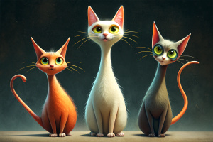  Stylized hairy feral cats with elongated bodies and large, expressive eyes, standing in a row. Each cat has a different color and size.
They are artistically represented, with long, thin bodies, and large, round eyes.
One is tall yellow that stands out in the center.
Another smaller orange-red on the right.
Their eyes are disproportionately large compared to their bodies, giving them a cartoonish appearance.
The background is darkand features raindrops falling vertically