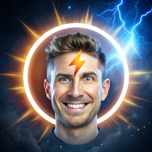 the man's face, his eyes looking up and to the left, he smiles, lightning and sparks come from his head upward logo
