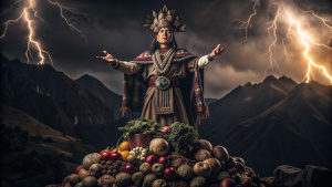 DIOS DEL RAYO INCA, MITOLOGIA ANDINA, LATINO, INCA, TRAJE TIPICO, FANTASIA, LEVITANDO EN EL CULTIVO DE LA MONTAÑA DE VERDURAS, TRAJE ANTIGUO INCA