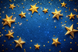  dark blue background with gold stars and sparkling