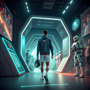 Novak Djokovic walking through a futuristic tunnel entrance during a high-tech sports event.