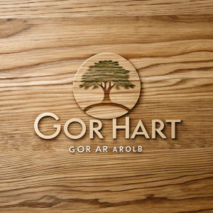  sobre madera de roble el logotipo "GOR.ART" con fondo de roble su ícono