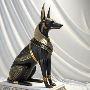 Digital illustration of a sleek modern Anubis statue. Black and gold with intricate detailing. Set against a smooth white backdrop.