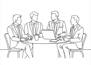 429-Continuous line art or One Line Drawing of business men meeting talking about business planning concepts.. One-line contour drawing with the fewest possible strokes.