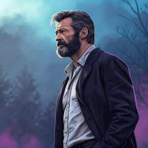 Digital illustration of Hugh Jackman as Logan, with a serious expression and beard. The background is a moody mix of blue and purple hues.