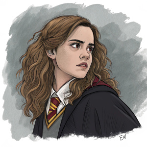 Digital illustration of Hermione Granger, from Harry Potter universe. Dour expression. Wavy brown hair. Sketch style. Gray background