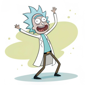 Rick Sanchez from Rick and Morty. Wearing his iconic lab coat. Happy and silly expression. Bright colors and fun cartoon style.