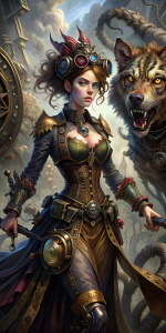 Crea una imagen de una mujer encadenando una bestia, mostrando control y compasión en un mundo de caos y desafíos. Ropa y entorno Steampunk. hiper Realista. Finos detalles