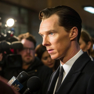 Benedict Cumberbatch, with sharp facial features, slicked-back hair, intense eyes, at a press conference for his new film.