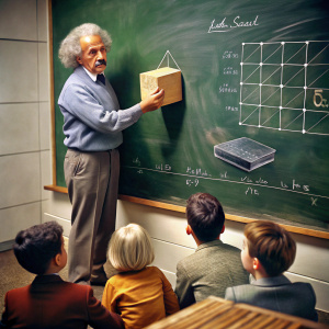 imagen de Alberto Einstein todo cuerpo completo escribiendo en la pizarra y enseñando sobre área de cubo y los estudiantes, pintado 