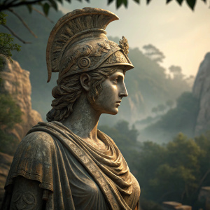 Digital render of Athena statue, multiple angles showcasing intricate details. Dominated by earthy tones, textured to mimic aged stone. Surrounded by rugged terrain and lush foliage. Artistic interpretation.