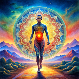 persona atletica que está corriendo con esfuerzo y alegría una colina de terreno desafiante spirituality mandalas colored art