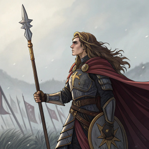 Lucius, a formidable character from AFK Arena, stands with a resolute gaze. Her long, wavy hair flows behind her as she wields a spear adorned with a star emblem. Clad in intricate armor and a flowing cape, she epitomizes bravery.