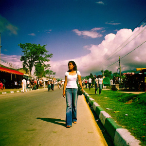 Amrita Rao, Indian actress, in casual jeans and white t-shirt, walking down a bustling street filled with shops and people.