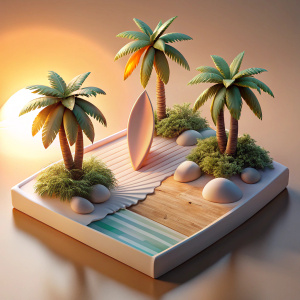 3D Render of a scenic beach sunset diorama with miniature palm trees and surfboards, on isolated white background.
