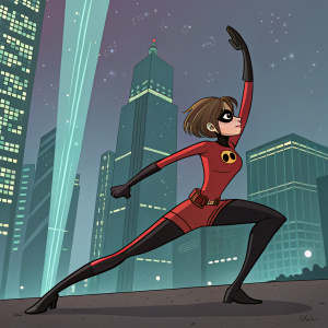 Helen Parr, also known as Elastigirl, from The Incredibles. Digital artwork showcasing her flexibility and power. Futuristic cityscape background.