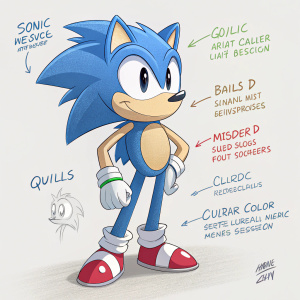 Concept art for Sonic the Hedgehog redesign. Key elements: Proportions, quill modifications, blue arm variations, 2D and 3D modeling notes, color palette comparison between classic and modern Sonic.
