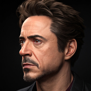 High-definition render of Robert Downey Jr.'s face. Detailed sculpture showcasing jawline, cheekbones, and strong brow. Dark background
