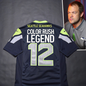 Men's green and navy blue Seattle Seahawks Color Rush Legend jersey with number 12. Modern fit and team logo. Athletic apparel photo