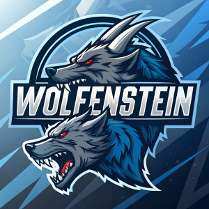 The Wolfenstein logo, featuring a fierce, snarling wolf with sharp metallic horns. Set against an abstract background with bold, blue tones and sleek design elements.