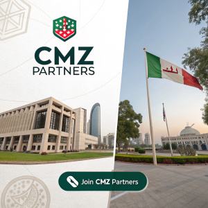 CMZ Partners Logo Showcase: Modern, bilingual design merging Arabic and English styles. Featured logos from diverse organizations. Scroll down for 'Join CMZ Partners' call to action. Color palette: neutral tones with branded accents.