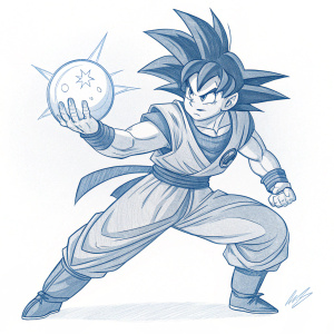 Goku from Dragon Ball, dynamic pose, holding dragon ball. Sketch in shades of blue and white, against plain white background
