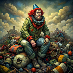 a haggard clown on a pile of junk