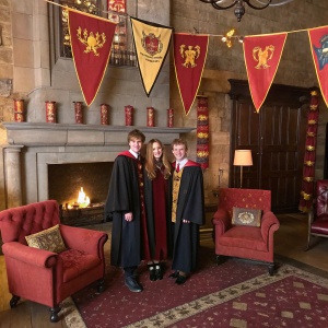 A magical themed party with the Gryffindor common room decor. Harry Potter, Hermione Granger, and Ron Weasley dressed in robes, surrounded by Hogwarts house banners.