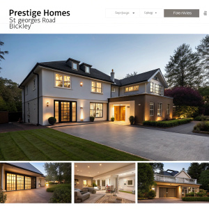 Website snapshot featuring Prestige Homes' listing for a luxurious home on St George's Road, Bickley. Modern, sleek design with large, high-quality images of the property. Clean layout emphasizes key features and specifications.