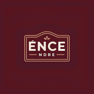Minimalist logo design featuring the brand 'ENCE NDRE'. Dark maroon background. Modern sans-serif font.