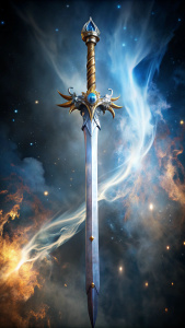 The Sword of the Celestial Mists is a three-foot-long blade, shimmering with otherworldly hues. Forged from meteoric iron, its edge is razor-sharp, capable of cleaving through enchanted armors. The handle, carved from phoenix featherwood, is wrapped in silver and gold cords. A tiny star crystal at the pommel glimmers, guiding in darkness. The guard, shaped like dragon wings, protects the wielder's hand. The scabbard, crafted from star-studded leather, completes this heavenly weapon's elegance. L