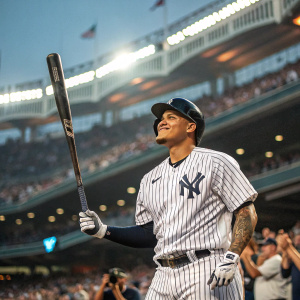 Manny Machado, baseball star, stands confidently in his New York Yankees uniform. Holding a Louisville Slugger bat. Crowded stadium in background.
