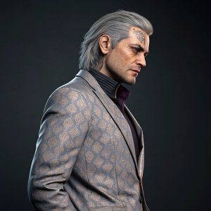 Character from Hitman 2, with gray hair and face tattoo, posing against a dark, studio backdrop.
